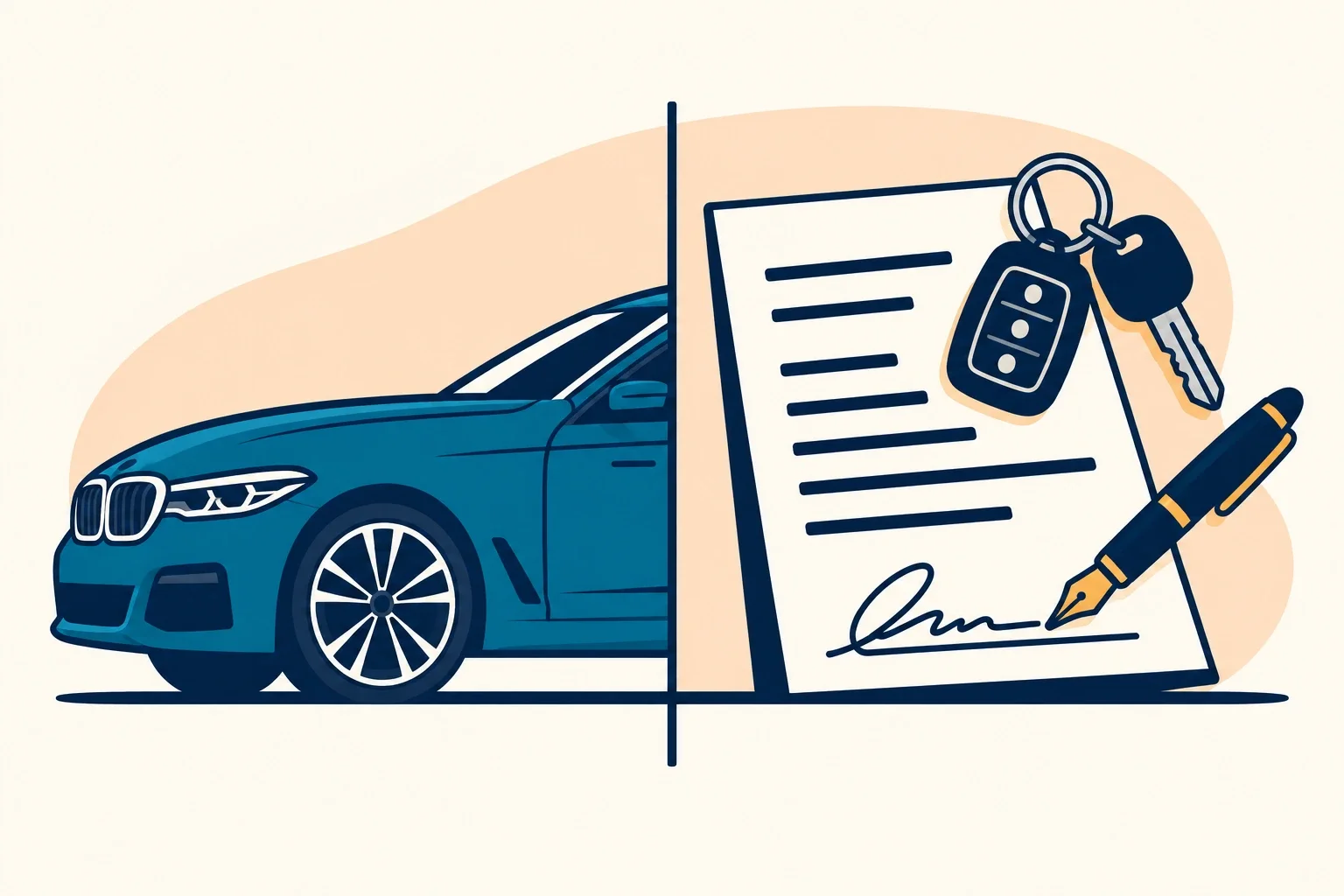 Ilustrație: jumătate de BMW și un contract cu stilou și chei pentru vânzare-cumpărare.