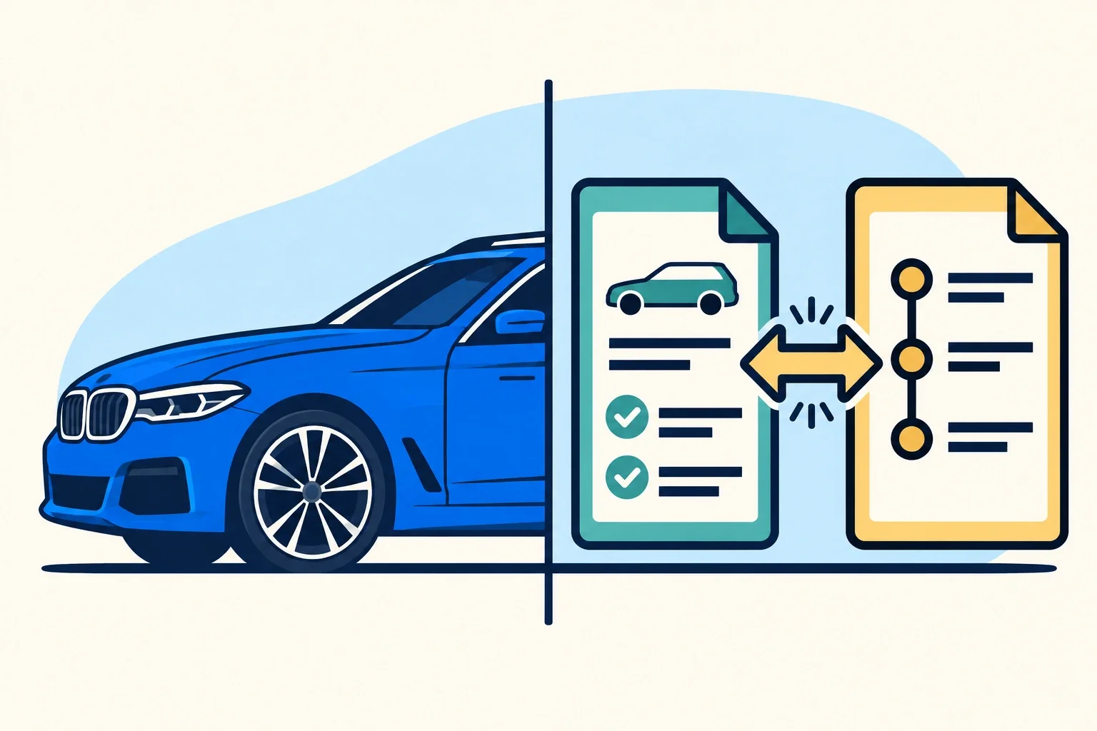 Ilustrație: jumătate de BMW și două documente distincte, pentru comparația surselor de istoric.