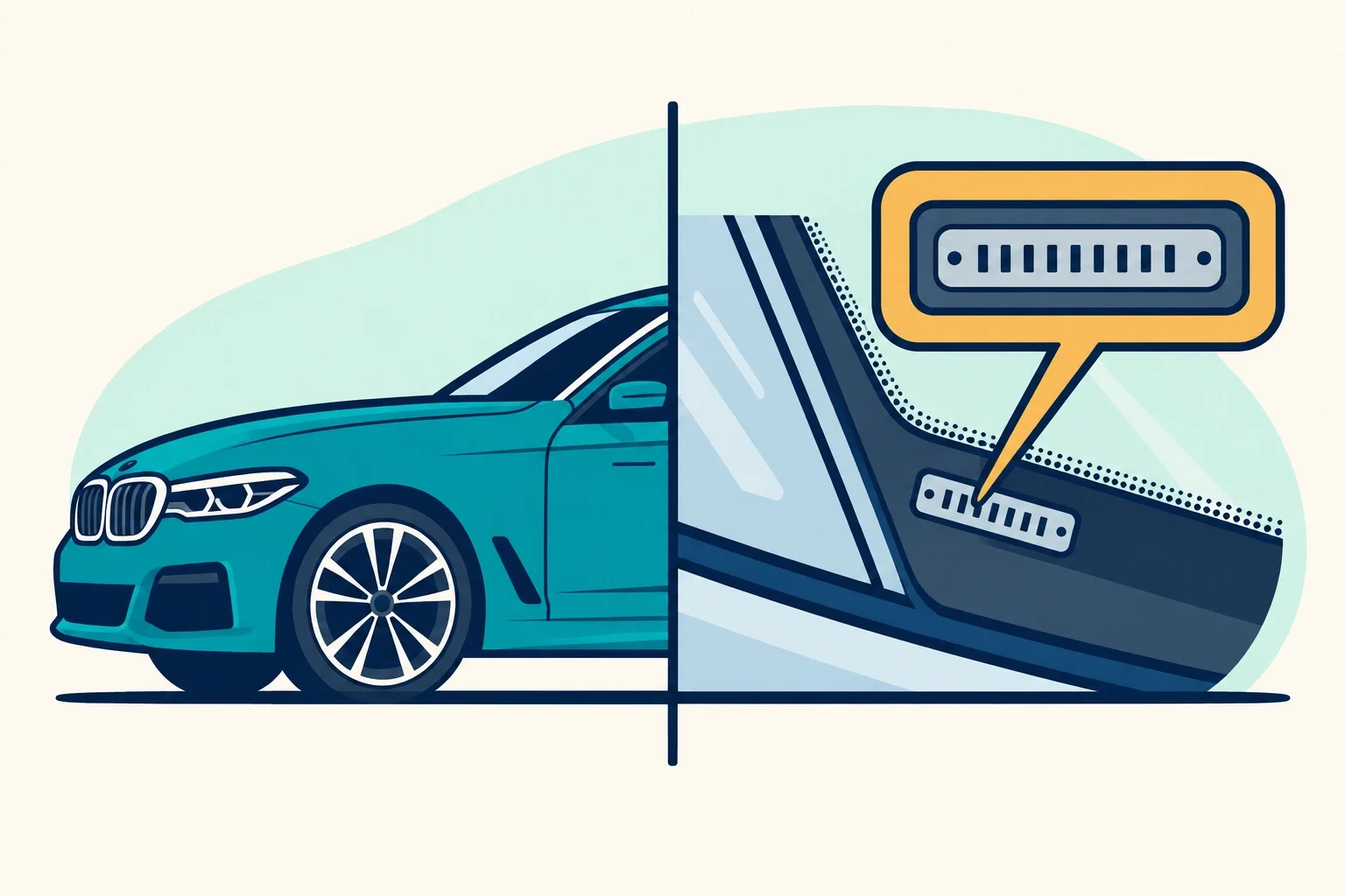 Ilustrație: jumătate de BMW și detaliul unui marcaj VIN la baza parbrizului.