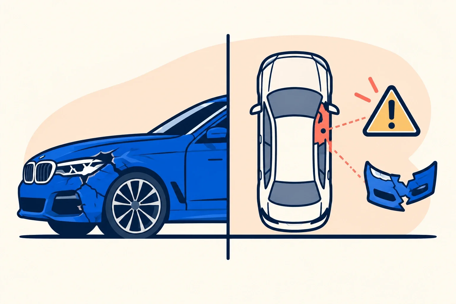 Ilustrație: jumătate de BMW avariat și schema unei caroserii cu zona afectată evidențiată.