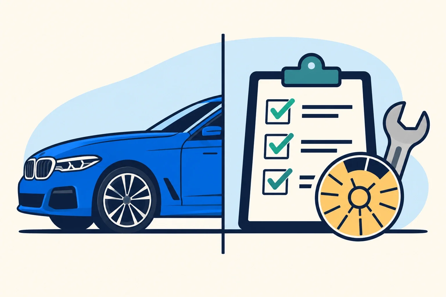 Ilustrație: jumătate de BMW albastru și o fișă de inspecție, cu bife, cadran și cheie mecanică.