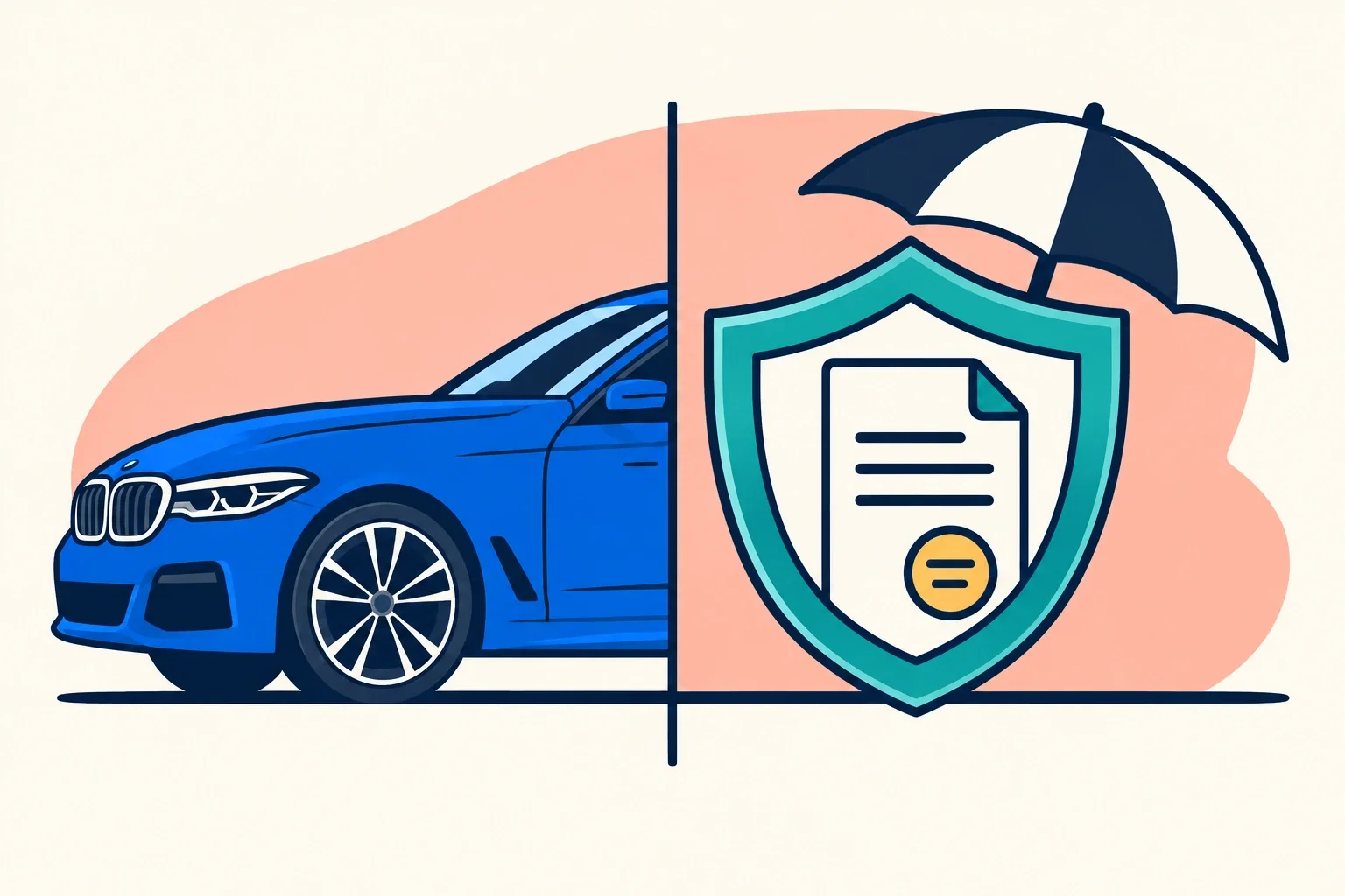 Ilustrație: jumătate de BMW și un scut de protecție cu document de asigurare RCA.