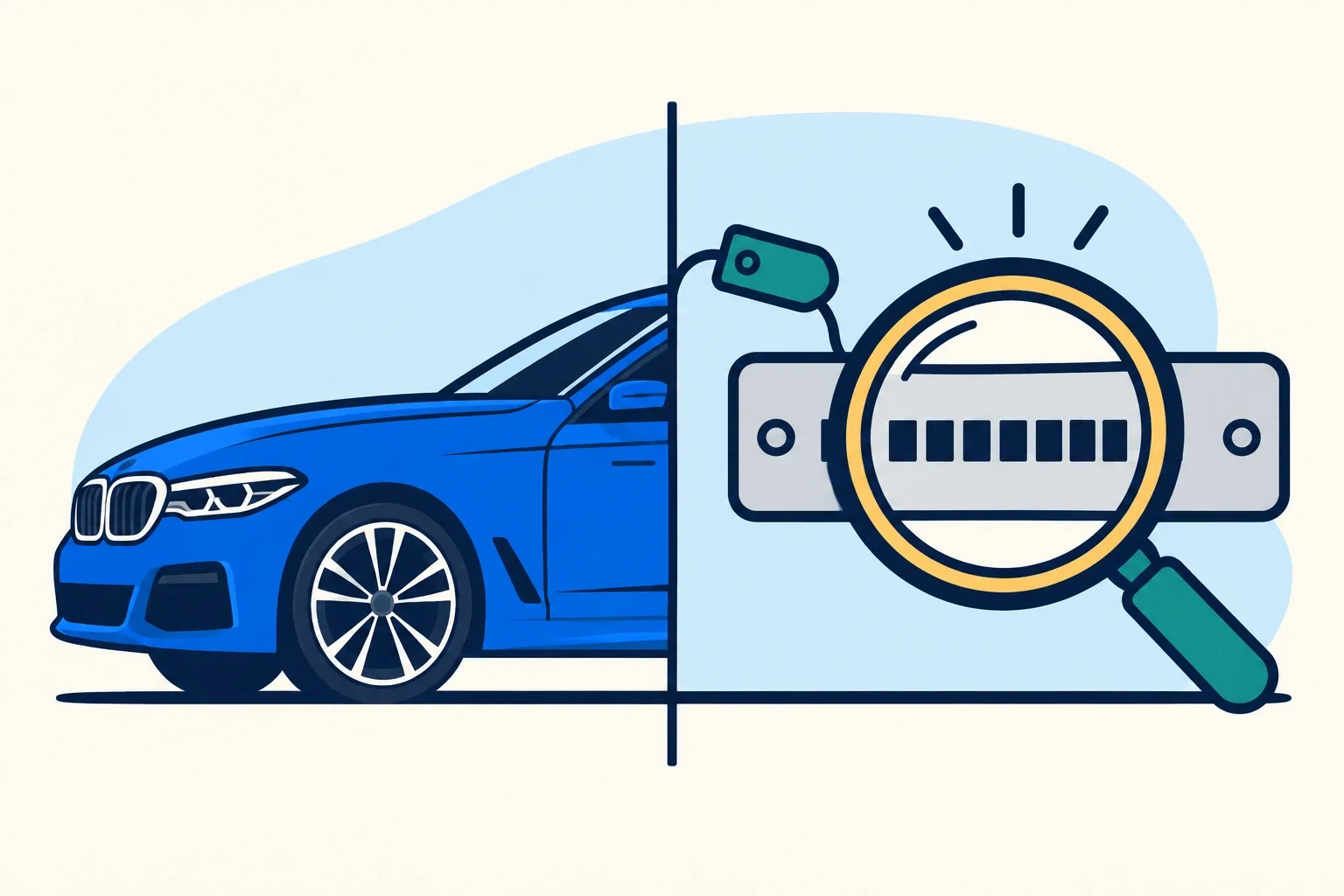 Ilustrație: jumătate de BMW și o lupă care examinează o plăcuță de identificare VIN.